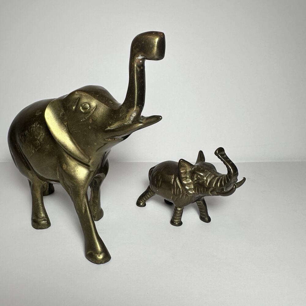 VTG MCM 2 Brass ELEPHANT Statues 6” And 3” Heavy Trunk Up Patina Lucky *Read